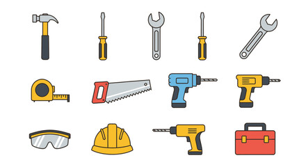 Construction and DIY Tools Icon Set. Flat Design Illustration of Hammer, Drill, Saw, Screwdriver, Wrench, Tape Measure, Safety Gear, and Toolbox.