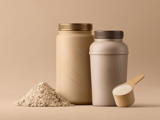 Cream beige protein powder jars with scoop and loose powder on neutral background, minimal natural health vibe, soft studio lighting