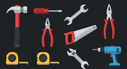Obraz premium Flat Design Construction Tools Set. Vector Illustration of Hammer, Screwdriver, Wrench, Pliers, Saw, Measuring Tape & Drill for DIY, Home Repair, and Building Projects.