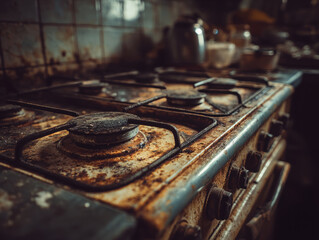 Rusty gas stove with heavy burnt residue and grime, close up of aged kitchen cooktop showing corrosion and neglected surface