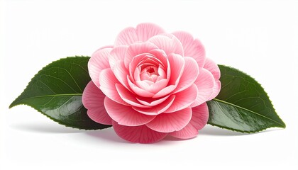 A delicate pink camellia flower with green leaves on a plain white surface, captured from a front viewpoint