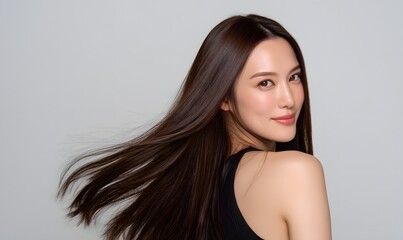 Fototapeta premium beauty portrait of a young Asian woman, long straight glossy brown hair flowing dynamically behind her