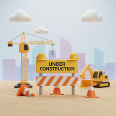 A clean 3D stylized construction scene featuring a bright yellow &ldquo;UNDER CONSTRUCTION&rdquo; warning sign centered on a striped safety barricade
