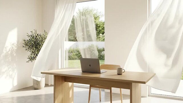 Sunny Home Office Laptop on Desk with Garden View and Airy White Curtains.