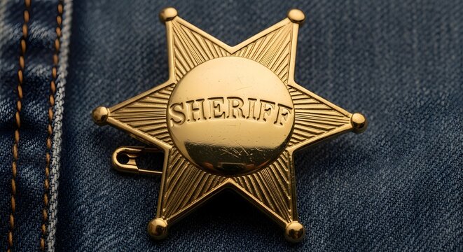 Close-up of a golden six-pointed sheriff badge with the word SHERIFF engraved in the center, pinned to a blue denim fabric background with visible stitching