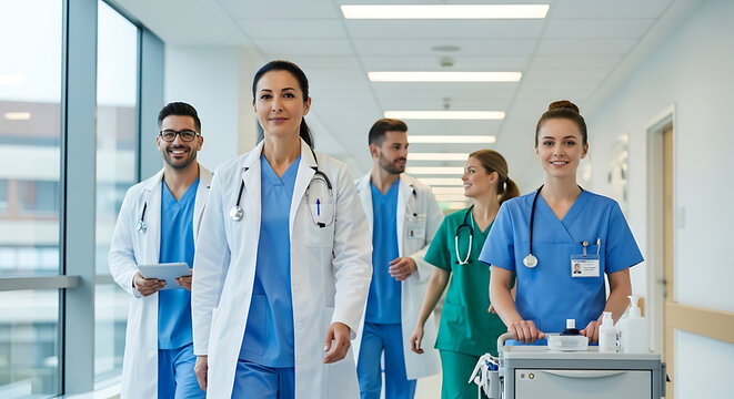 Healthcare Team Collaboration, Medical Professionals, Hospital Corridor, Photography, Clinical Environment, Engaging Viewpoint, Teamwork Concept