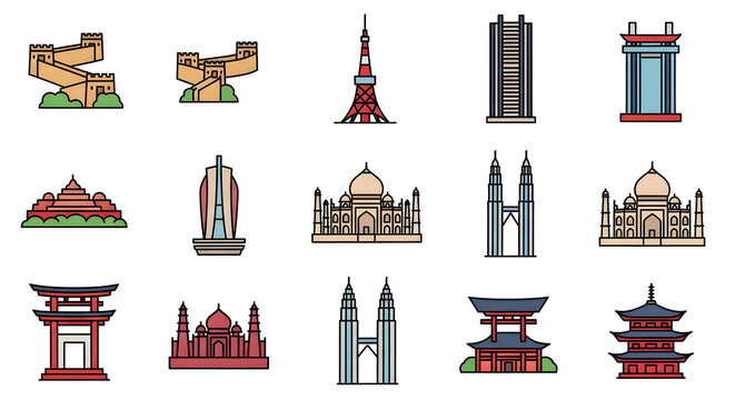 Global Architectural Icons: Flat Line Vector Set of Famous World Monuments and Travel Landmarks