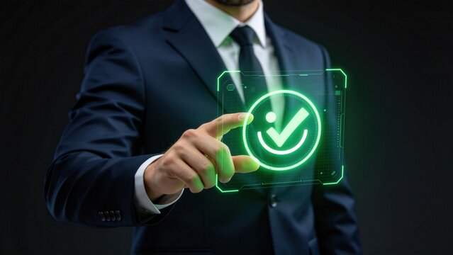 Businessman pressing glowing green check mark icon on virtual screen,successful verification approval and secure authentication concept for digital business security