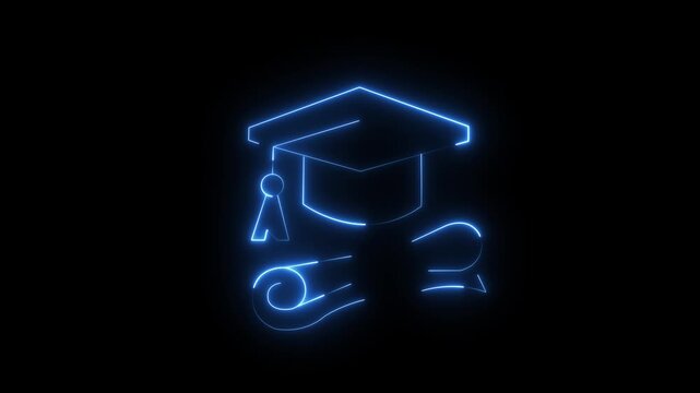 Animated blue neon graduate cap and scroll abstract motion graphic with elegant glowing lines and a dark background, perfect for education concepts and award ceremonies