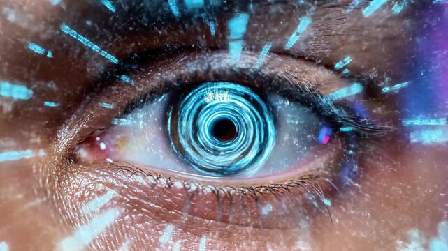 Close-up of a human eye with a glowing blue iris and digital graphics surrounding it, giving a futuristic feel