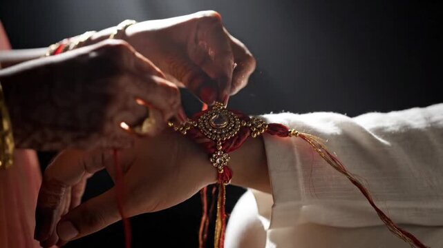 Raksha bandhan Tying Sacred Rakhi Thread on Brother's Wrist