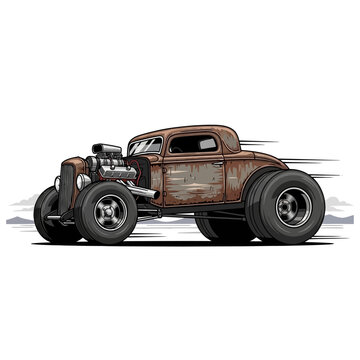 Vintage Hot Rod Car, Rusted Classic Coupe with Exposed Engine, Fast Motion