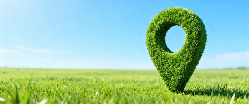 Green Location Pin on Field against Blue Sky