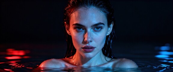 Woman in water with neon lights portrait