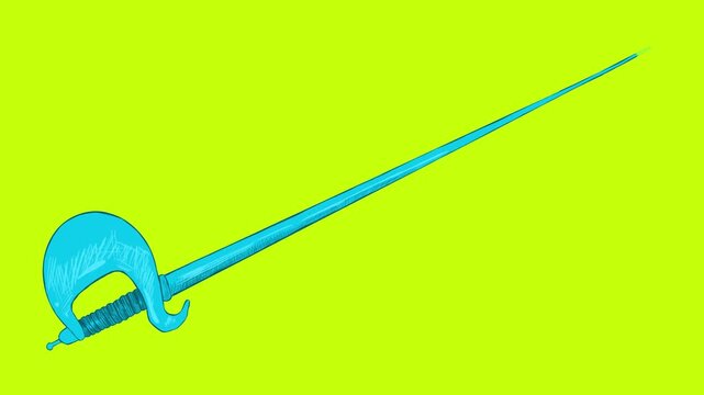 Cartoon rapier appears on green screen. Hand drawn fencing weapon animation in 4K with alpha channel.