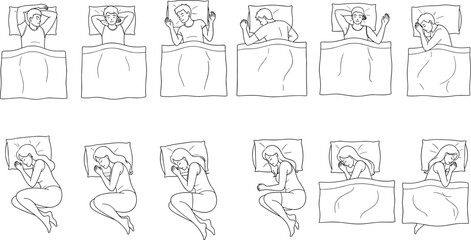 Obraz premium Sleeping positions line art set, people in bed top view, healthy sleep posture illustrations, bedtime poses collection isolated