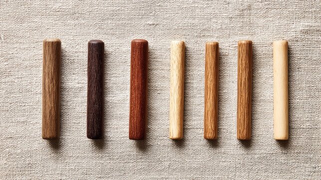 Collection of precisely aligned wooden dowels on textured fabric