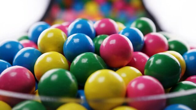 Close-up view of a vibrant assortment of colorful gumball candy balls against a bright backdrop