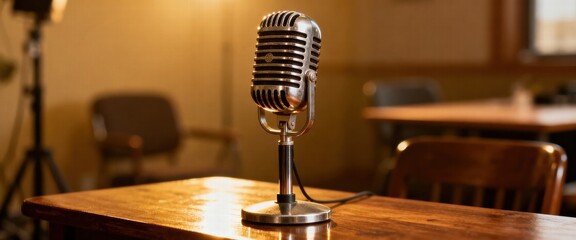 Vintage Microphone on Wooden Table in Studio
