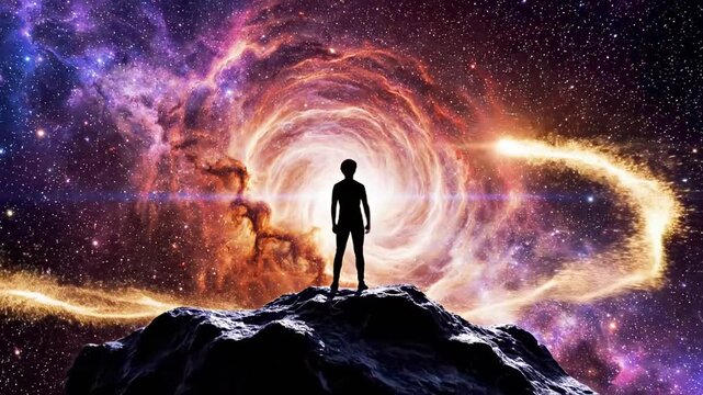 A man in a business suit stands on a rugged, rocky peak amidst a cosmic explosion of colorful, swirling clouds