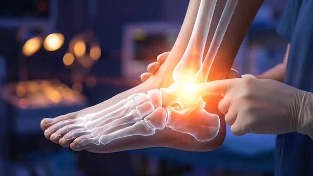 Medical Animation Showing Ankle Joint Pain With Illuminated Inflammation And Skeletal Structure In A Clinical Setting With Soft Bokeh Lights In The Background