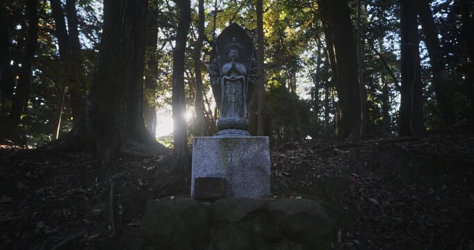 Sunlight shining through trees to silhouetted stone buddha statue