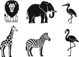 Black and white safari animal vector icon set featuring a lion, elephant, stork, giraffe, zebra, and flamingo, isolated on white background, graphic illustration. © SHAPLAKHATUN