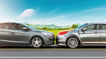 Two gray modern cars are involved in a minor front end collision on an asphalt road against a sunny blue sky and green field landscape backdrop outdoors now.