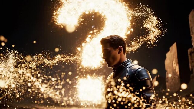 A man in futuristic armor gazes upward, summoning a swirling vortex of golden sparks
