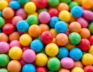 Fototapeta premium An abundance of small, round candies with various colors, including shades of blue, green, orange, and pink, arranged closely together to form a vibrant pile that takes up the majority of the frame.