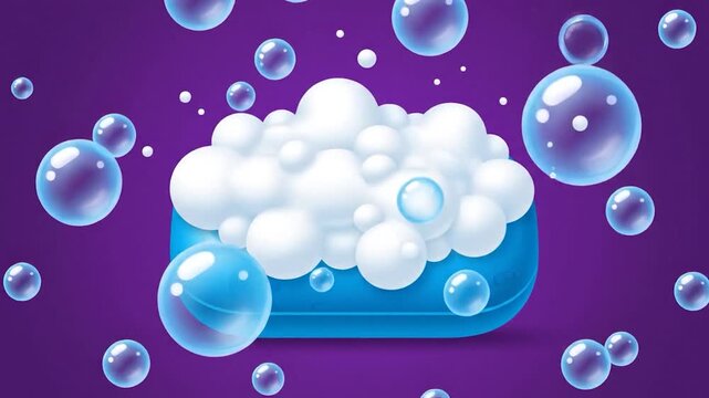 Vibrant blue bar of soap with f white foam and floating bubbles on a purple