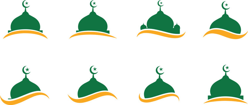 Islamic mosque logo set with crescent moon and flowing wave elements for Ramadan Eid and religious branding design