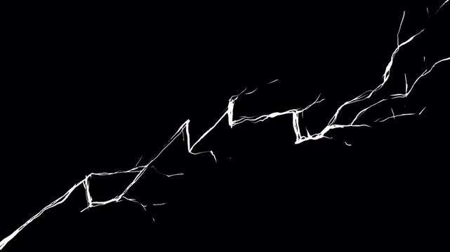 White crack splitting black screen in half. Large fracture destruction animation in 4K with alpha channel for dramatic overlay.
