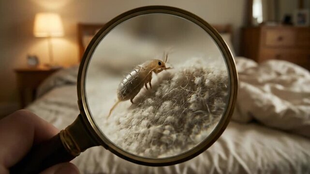 Close Up Extreme Macro View Of A Tiny Dust Mite Crawling On A Textured Fabric Surface Viewed Through A Magnifying Glass With A Softly Blurred Bedroom Background And Warm Lamp Light Creating A Moody
