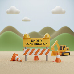 A clean 3D stylized construction scene featuring a bright yellow &ldquo;UNDER CONSTRUCTION&rdquo; warning sign centered on a black and yellow striped safety barricade