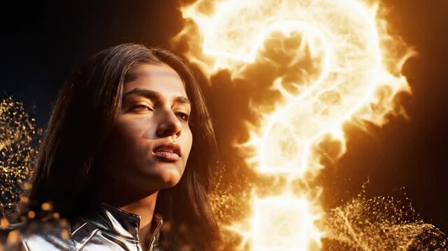 A woman with brown hair and a silver top surrounded by a swirling golden light forming a question mark