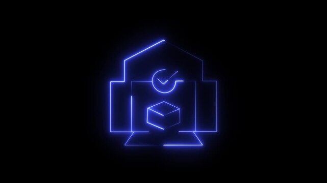 Abstract neon blue glowing outline of a box inside a house shape with a checkmark, representing delivery confirmation or successful arrival, looping motion background.