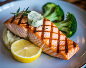 Grilled salmon fillet with lemon, broccoli, and potatoes on a plate