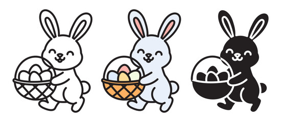 Easter bunny icon set with egg basket. Linear editable stroke, color filled, and solid silhouette styles. Minimalist spring holiday vector. Clean flat design isolated on white.