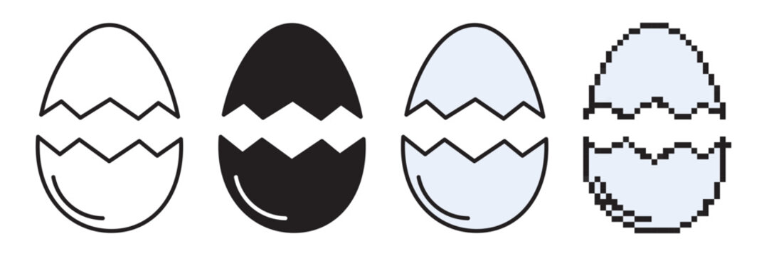 Cracked eggshell icon set: linear with editable stroke, solid, flat color, and pixel art styles. High-quality vector graphics for Easter themes. SEO-optimized and versatile.