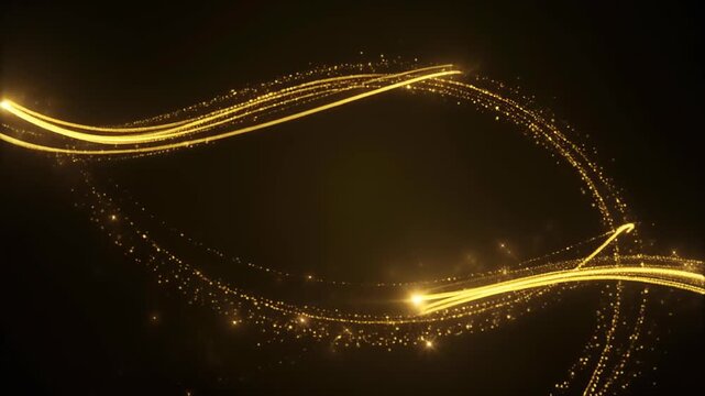 Golden light trails and particles on a dark background abstract motion graphics.