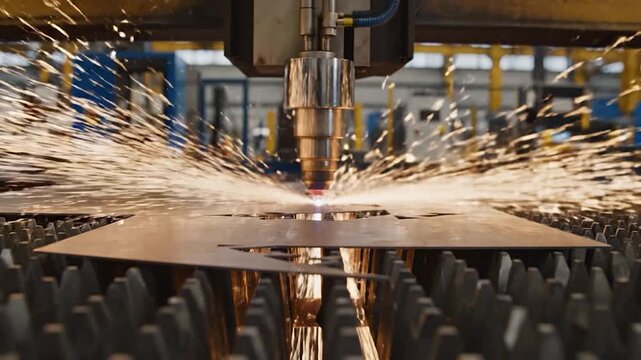 Precision laser cutting machine processing l sheet with bright sparks.