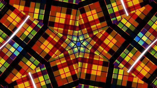 Dynamic kaleidoscope of vibrant geometric tartan patterns with glowing lines, creating a visual moire effect, perfect for digital art, modern backgrounds, and motion graphics