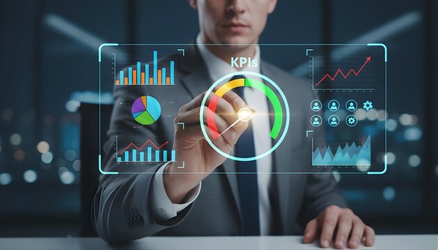 Professional businessman analyze key performance indicators kpi dashboard with charts graphs data visualization virtual interface screen in modern office environment at night for strategic planning