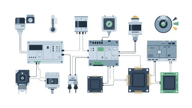 Detailed diagram of industrial control systems and electronic devices with various components and connections on a white background.