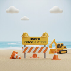 A clean 3D stylized construction scene featuring a bright yellow &ldquo;UNDER CONSTRUCTION&rdquo; warning sign centered on a black and yellow striped safety barricade