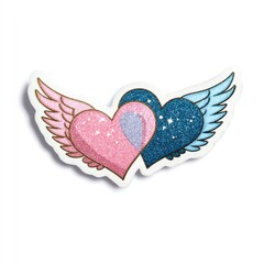 Two glittery hearts, one pink one blue, with feathered wings