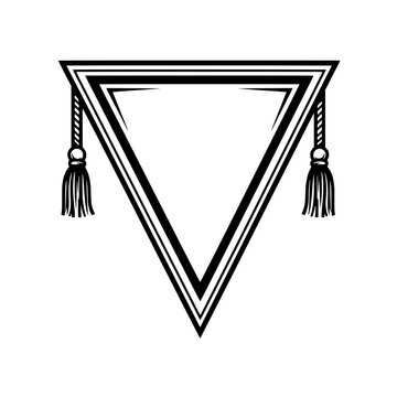 An inverted triangle frame with tassels hanging from ropes, a simple illustration