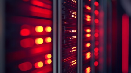 Row of advanced computer servers with blinking red indicator lights in data center environment.