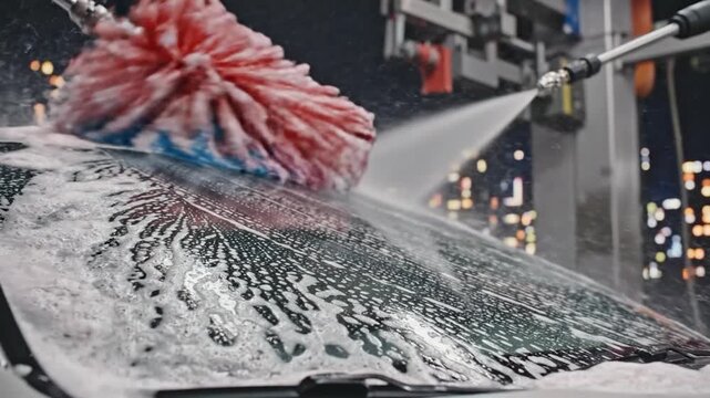 Automated car wash system cleaning a vehicle's windshield with soapy foam.